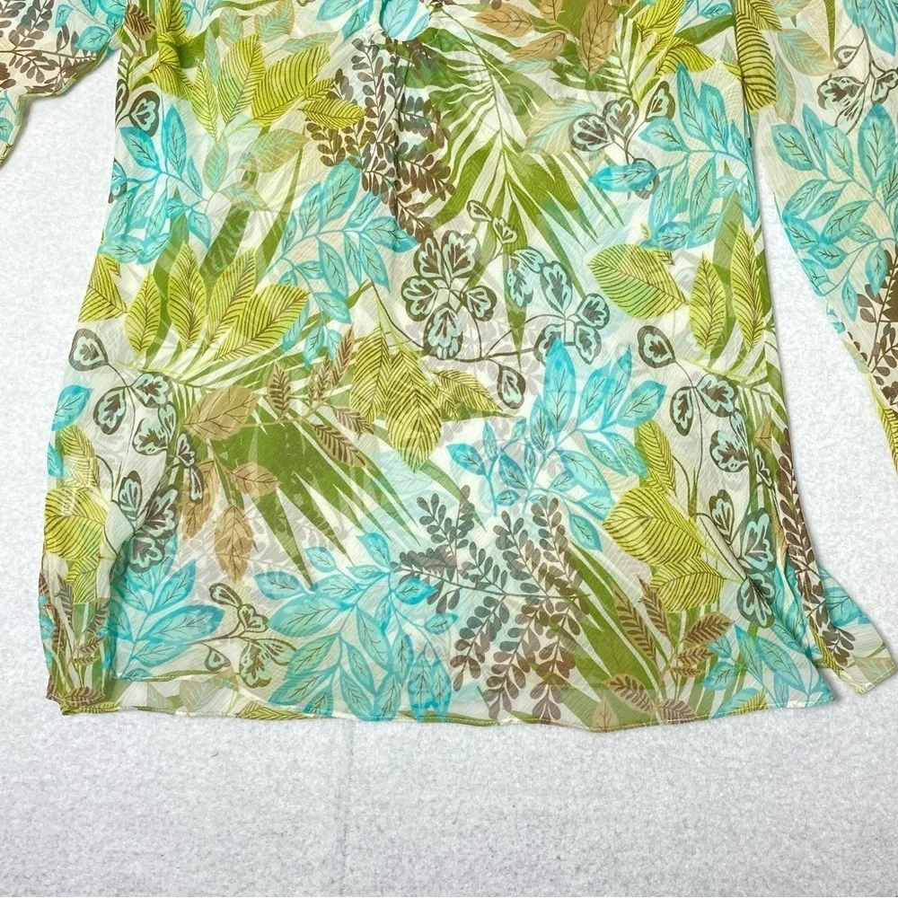 Loft Tropical Hawaiian Floral Top Womens L Green Sheer V Neck Long Sleeve Resort